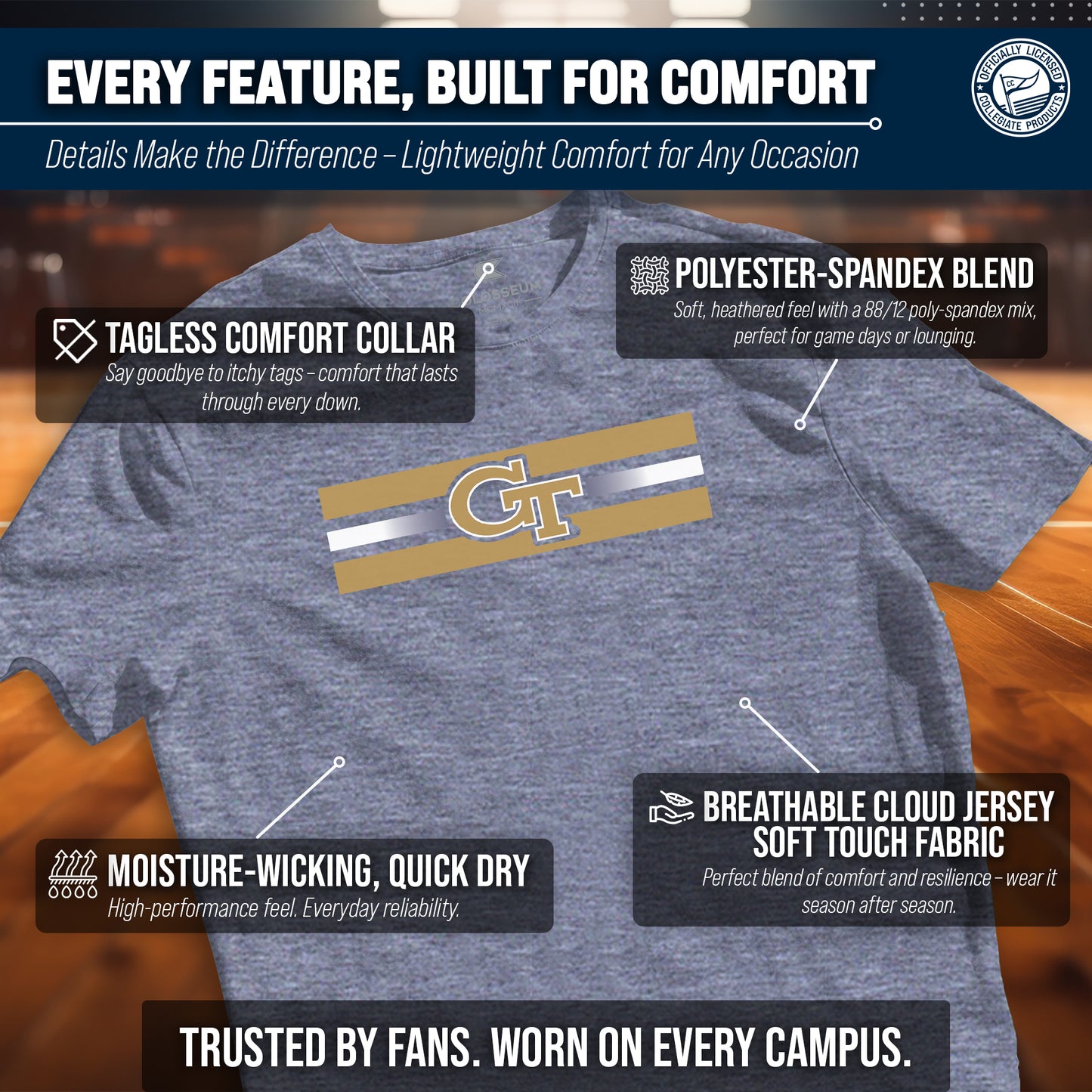 Georgia Tech Yellowjackets Unisex NCAA Scholarship Cloud Jersey Athletic Short Sleeve Performance Tee - Navy Heather