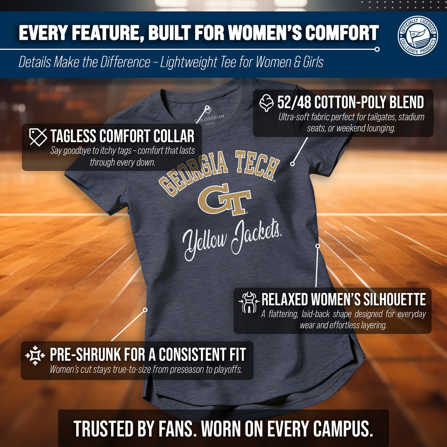 Georgia Tech Yellowjackets NCAA Womens Tag-Less Ultra Soft Tailgate T-Shirt - Navy Heather