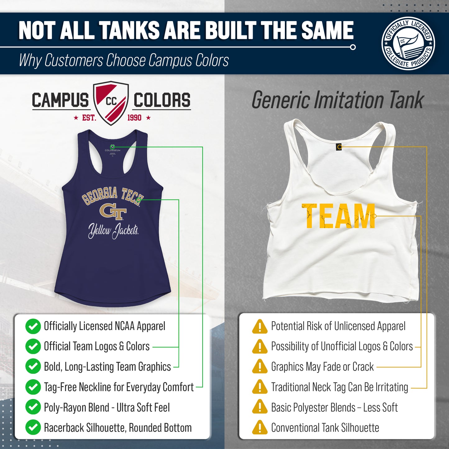 Georgia Tech Yellowjackets NCAA Womens Tag-Less Ultra Soft Tailgate Tank Top - Navy Heather
