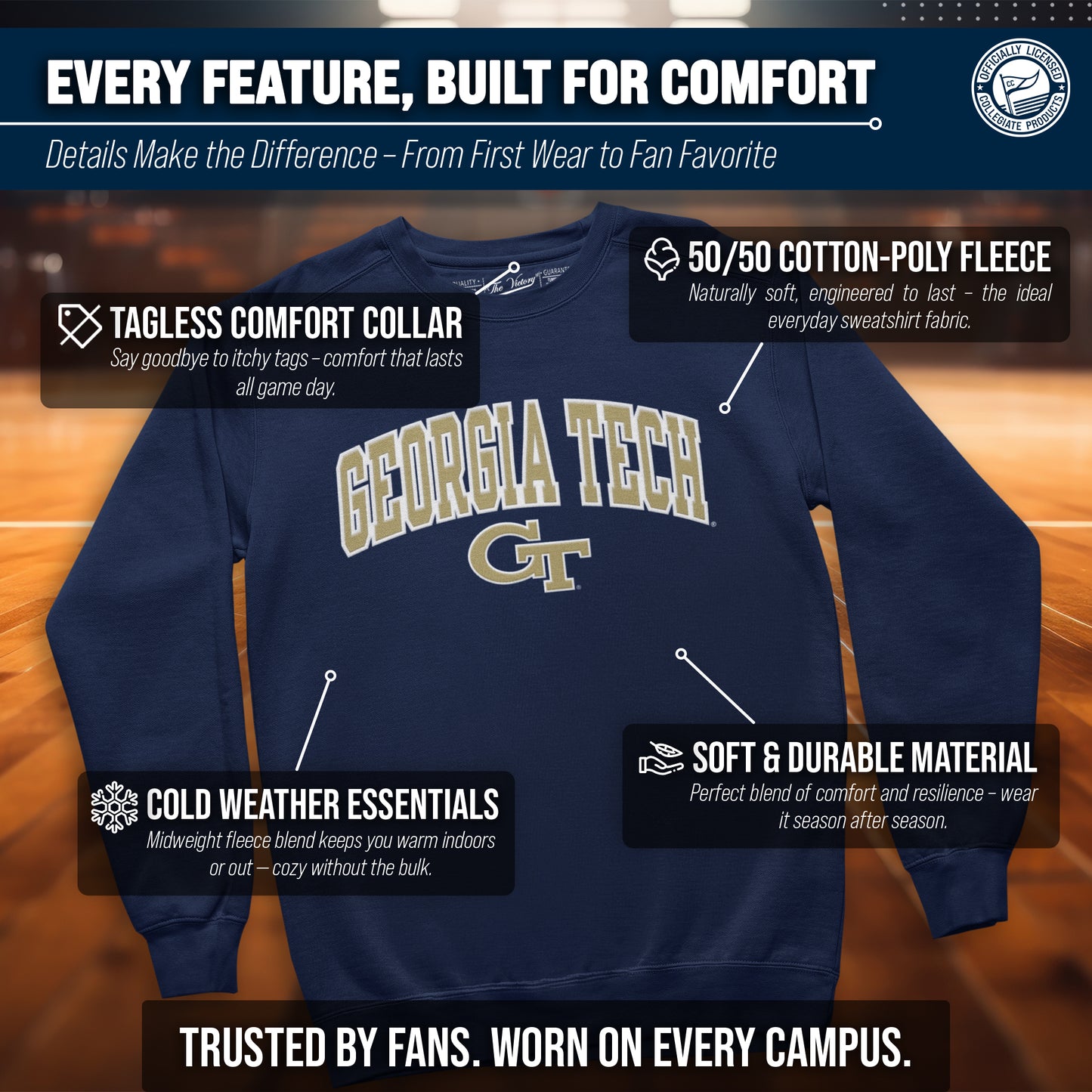 Georgia Tech Yellowjackets Adult Tackle Twill Crewneck - Navy