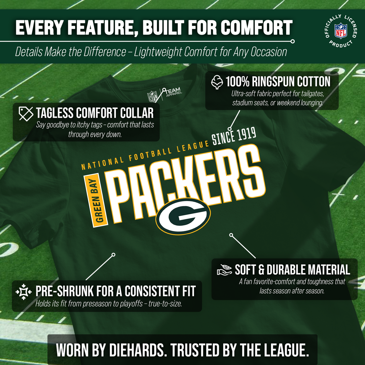 Green Bay Packers  NFL Shirt Men Women Unisex Tag-Free Cotton Gameday Tee - Forest Green