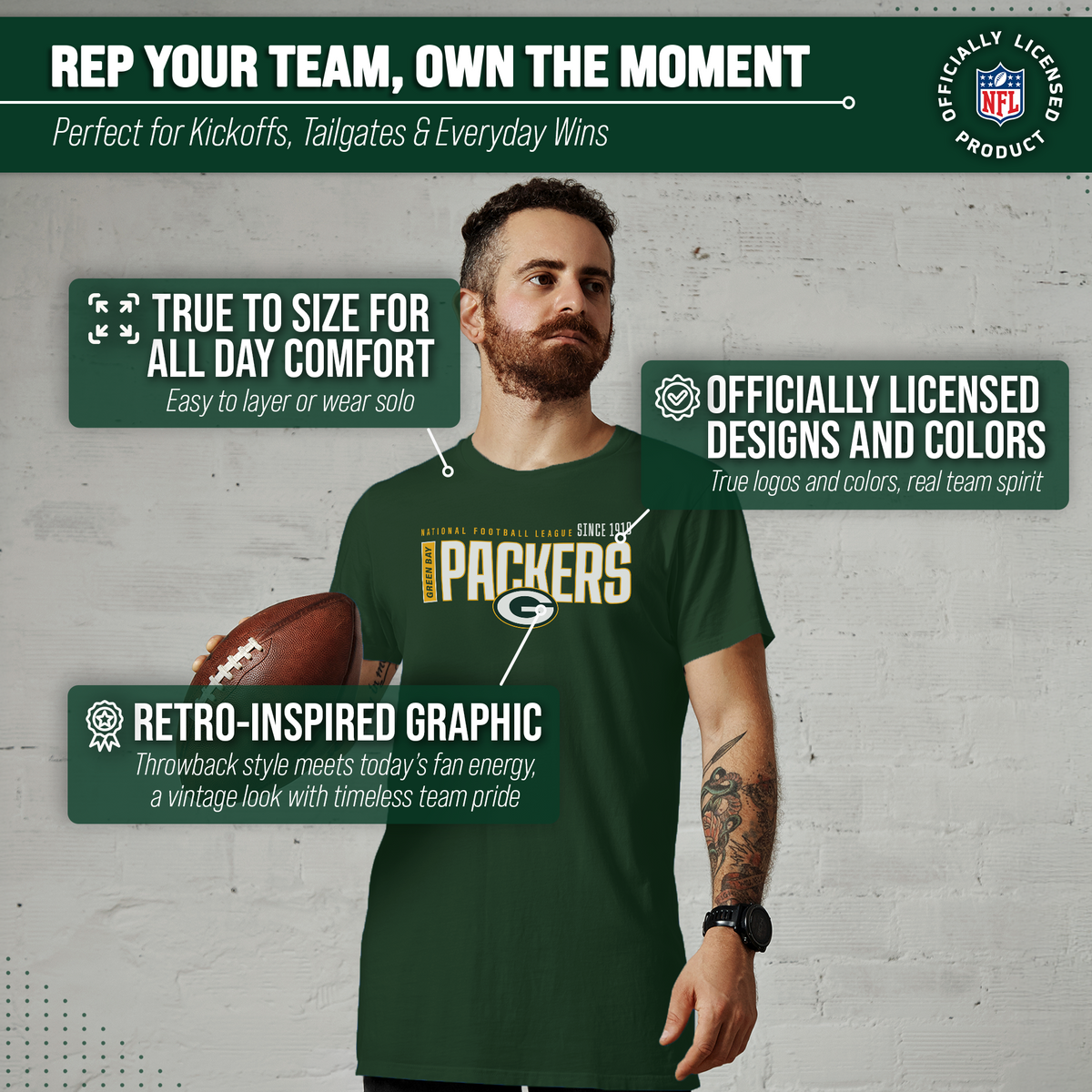 Green Bay Packers  NFL Shirt Men Women Unisex Tag-Free Cotton Gameday Tee - Forest Green
