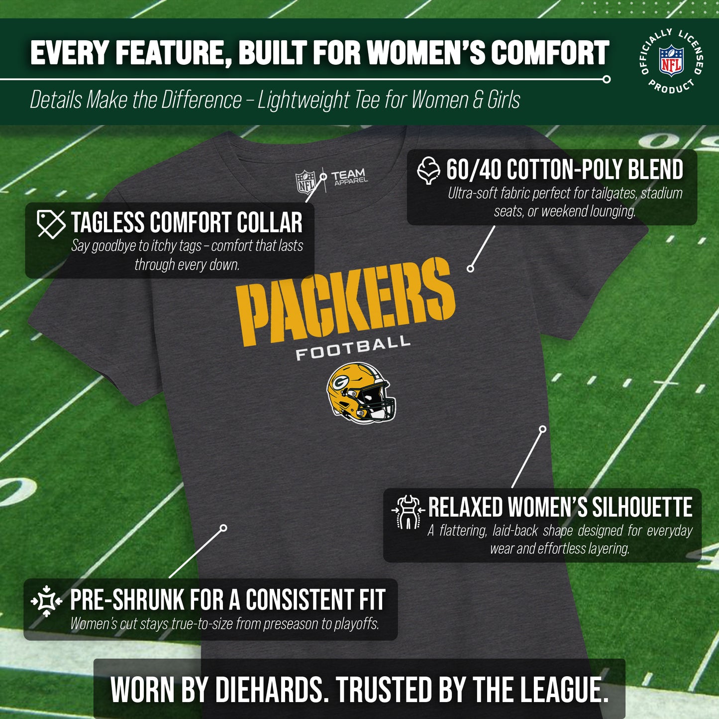 Green Bay Packers Women's NFL Football Helmet Short Sleeve Tagless T-Shirt - Charcoal