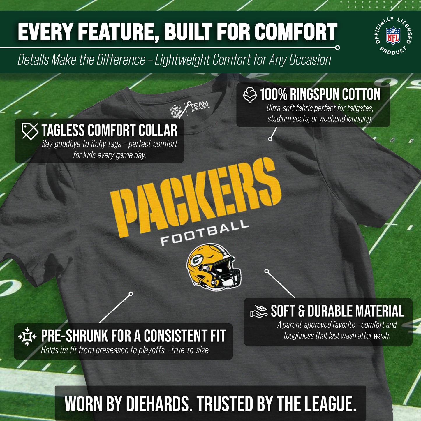 Green Bay Packers NFL Youth Football Helmet Tagless T-Shirt - Charcoal