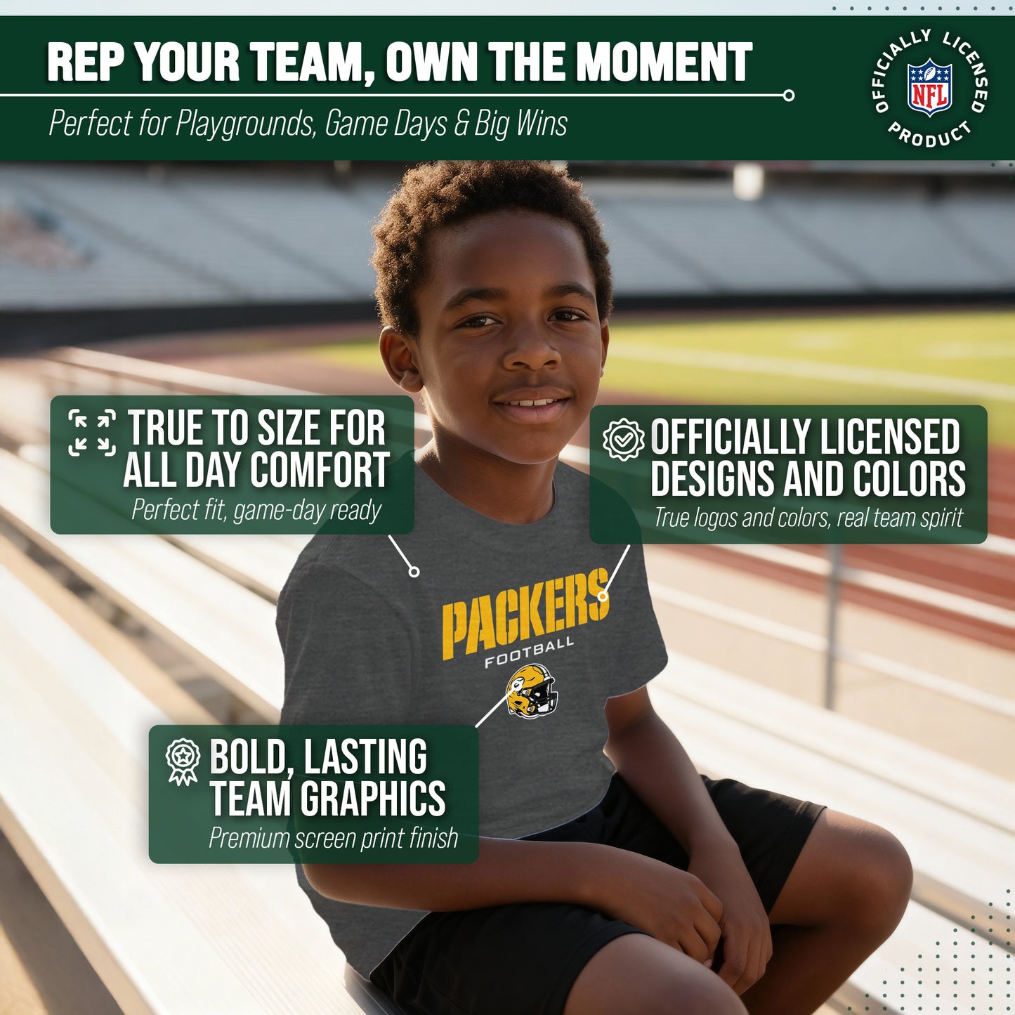 Green Bay Packers NFL Youth Football Helmet Tagless T-Shirt - Charcoal