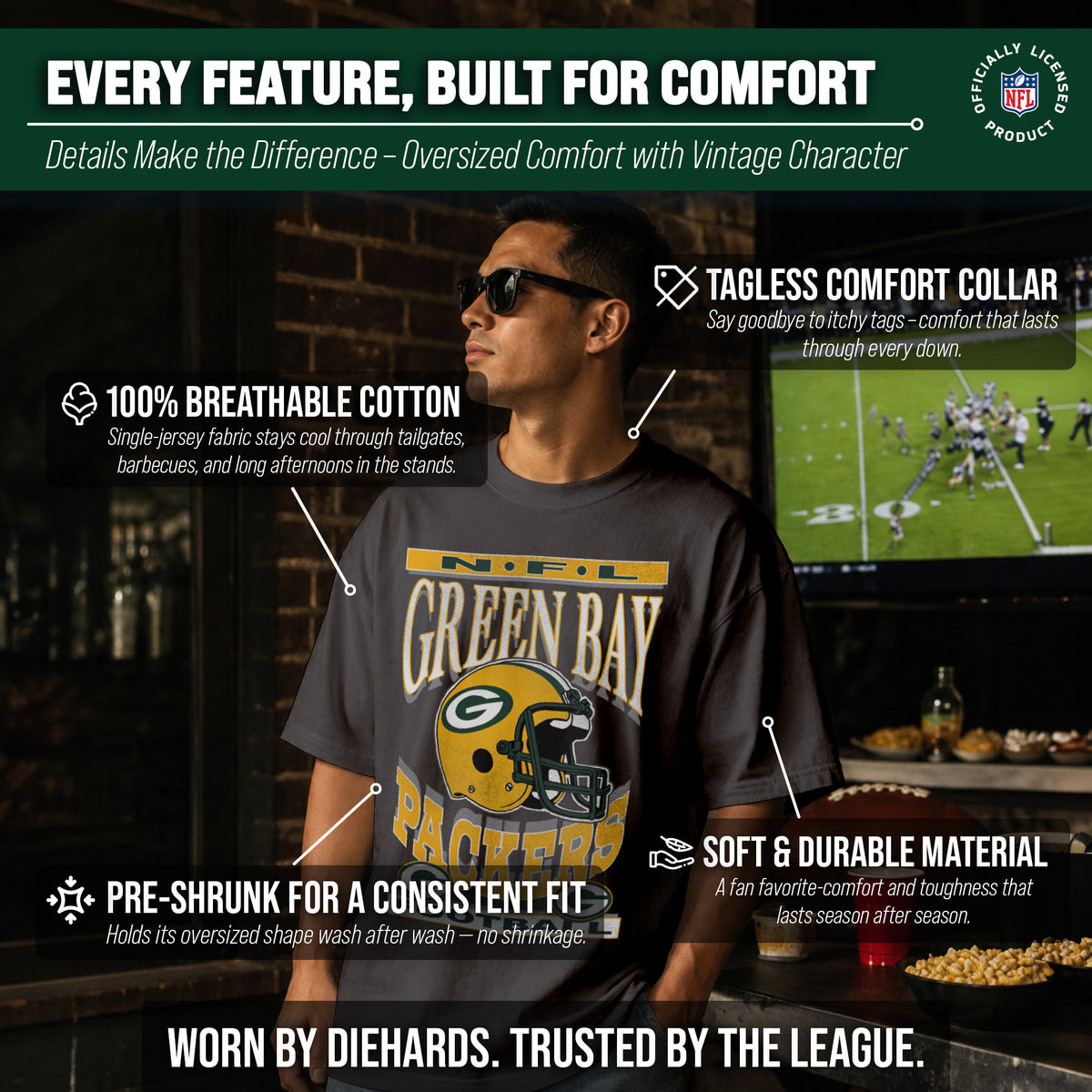 Green Bay Packers Franchise Oversized Men's NFL Cotton Tee - Black