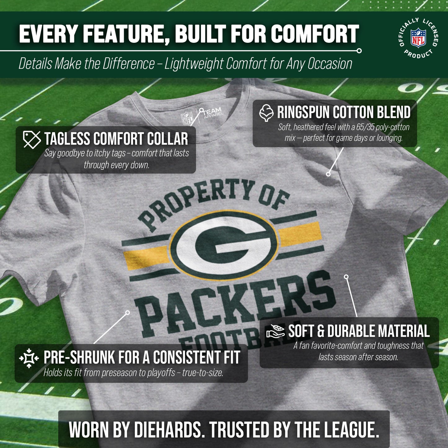 Green Bay Packers NFL Adult Property Of T-Shirt - Sport Gray