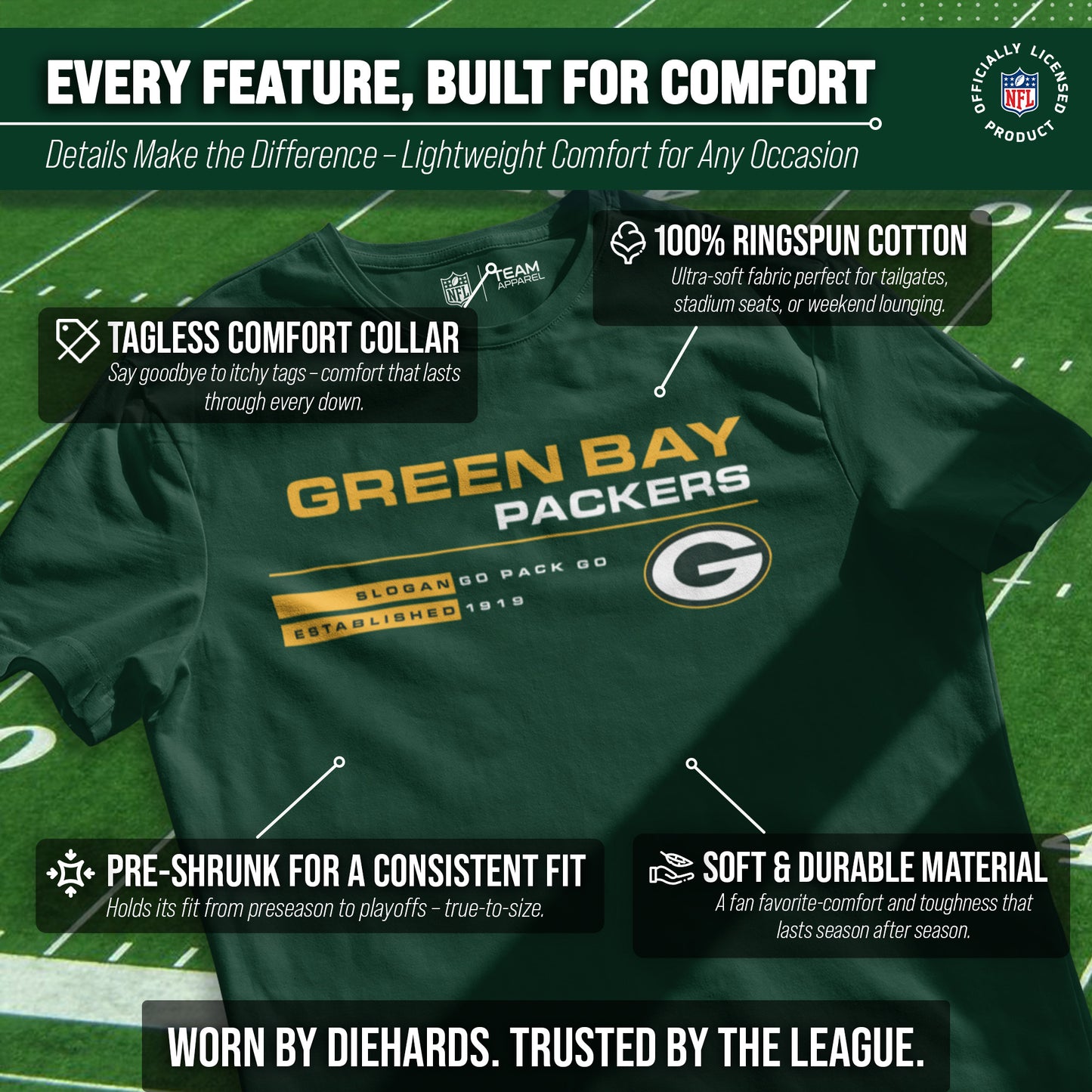 Green Bay Packers Adult NFL Speed Stat Sheet T-Shirt - Forest Green