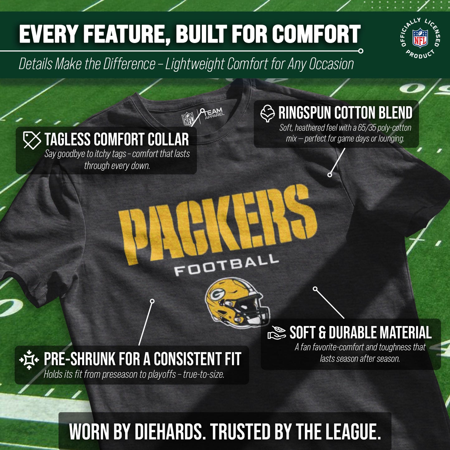 Green Bay Packers NFL Adult Football Helmet Tagless T-Shirt - Charcoal