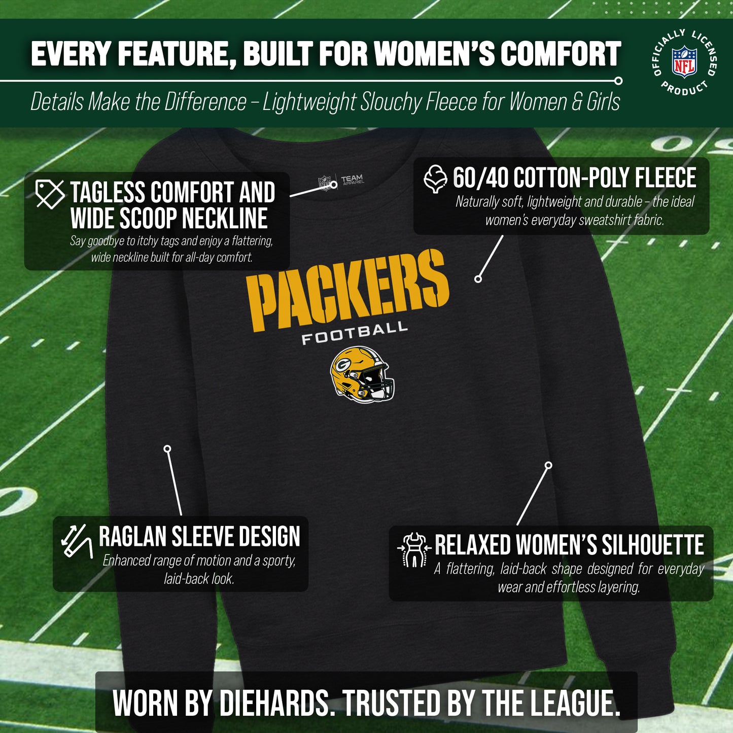 Green Bay Packers NFL Womens Helmet French Terry Slouchy Top - Charcoal