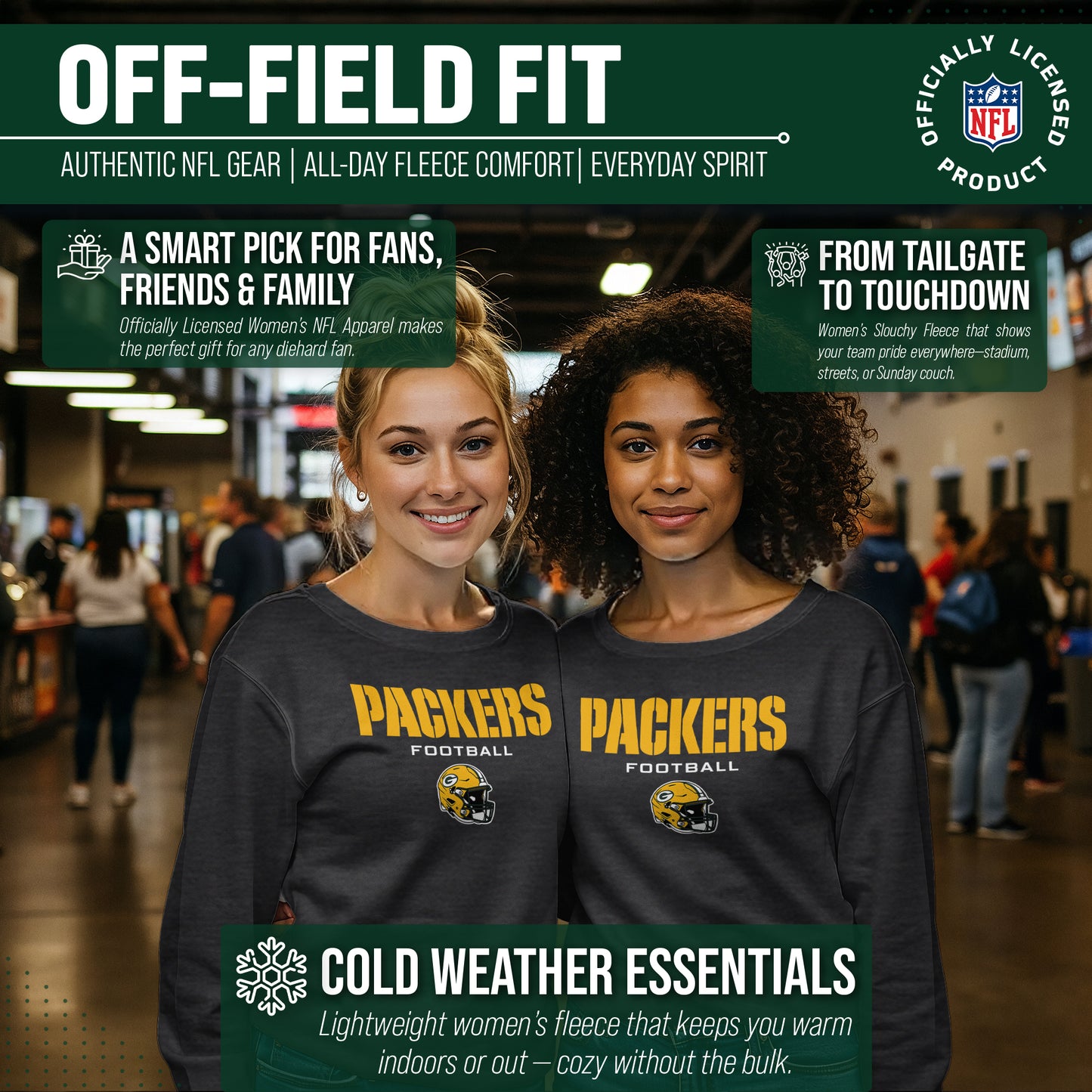Green Bay Packers NFL Womens Helmet French Terry Slouchy Top - Charcoal