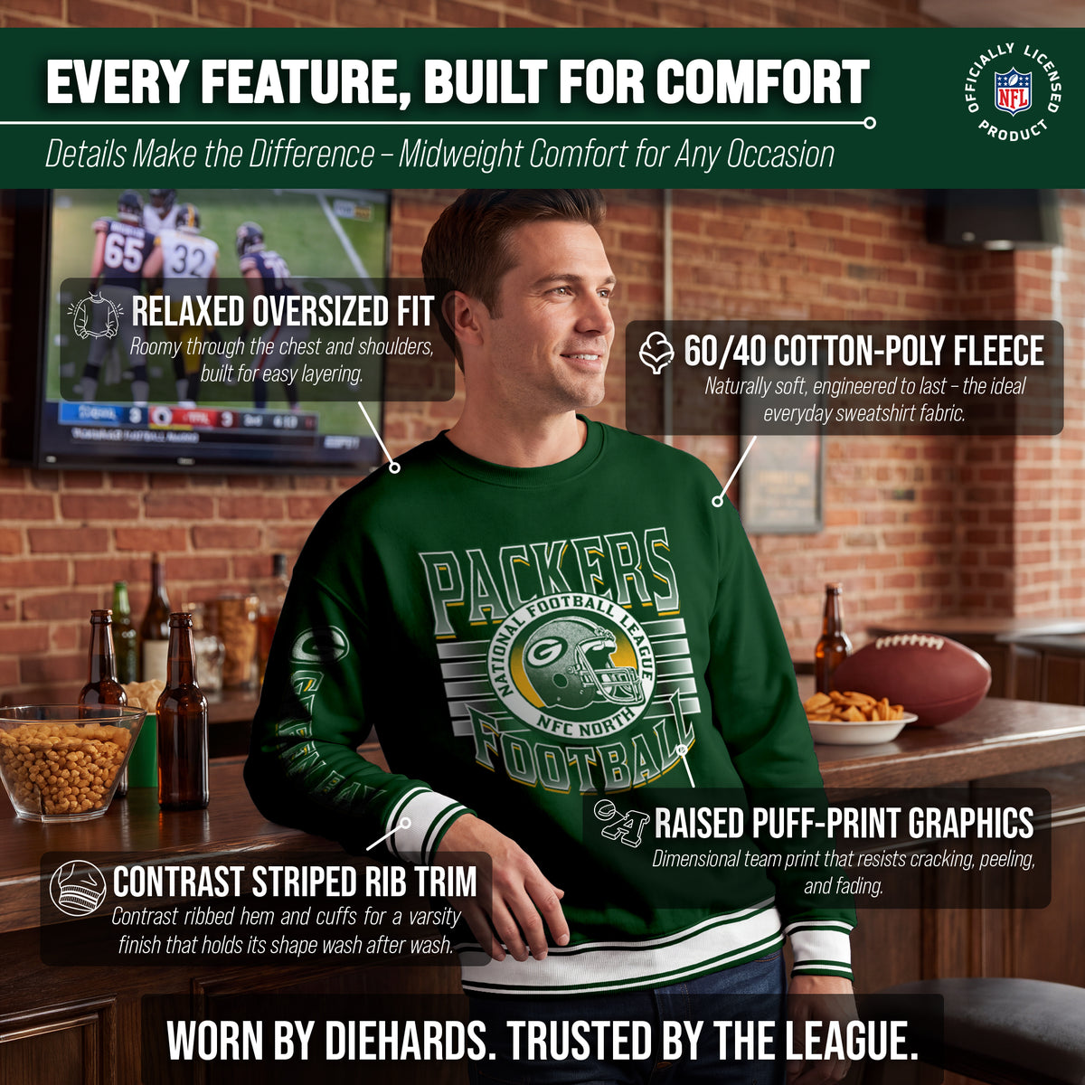 Green Bay Packers NFL Men's Franchise Striped Rib Oversized Crewneck - Hunter Green