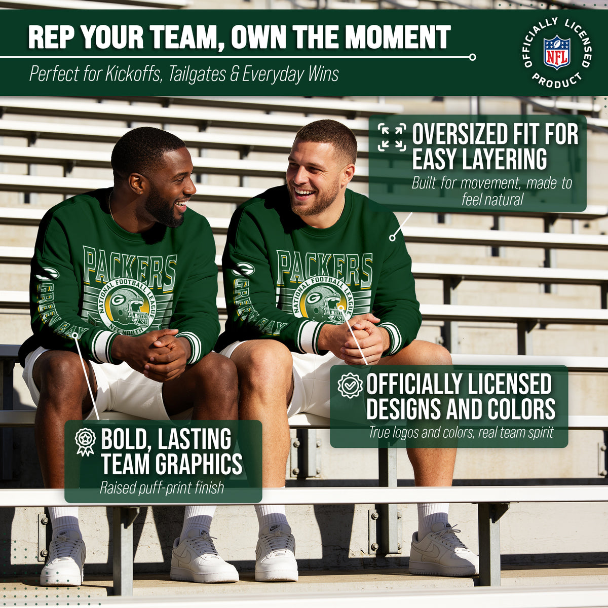 Green Bay Packers NFL Men's Franchise Striped Rib Oversized Crewneck - Hunter Green