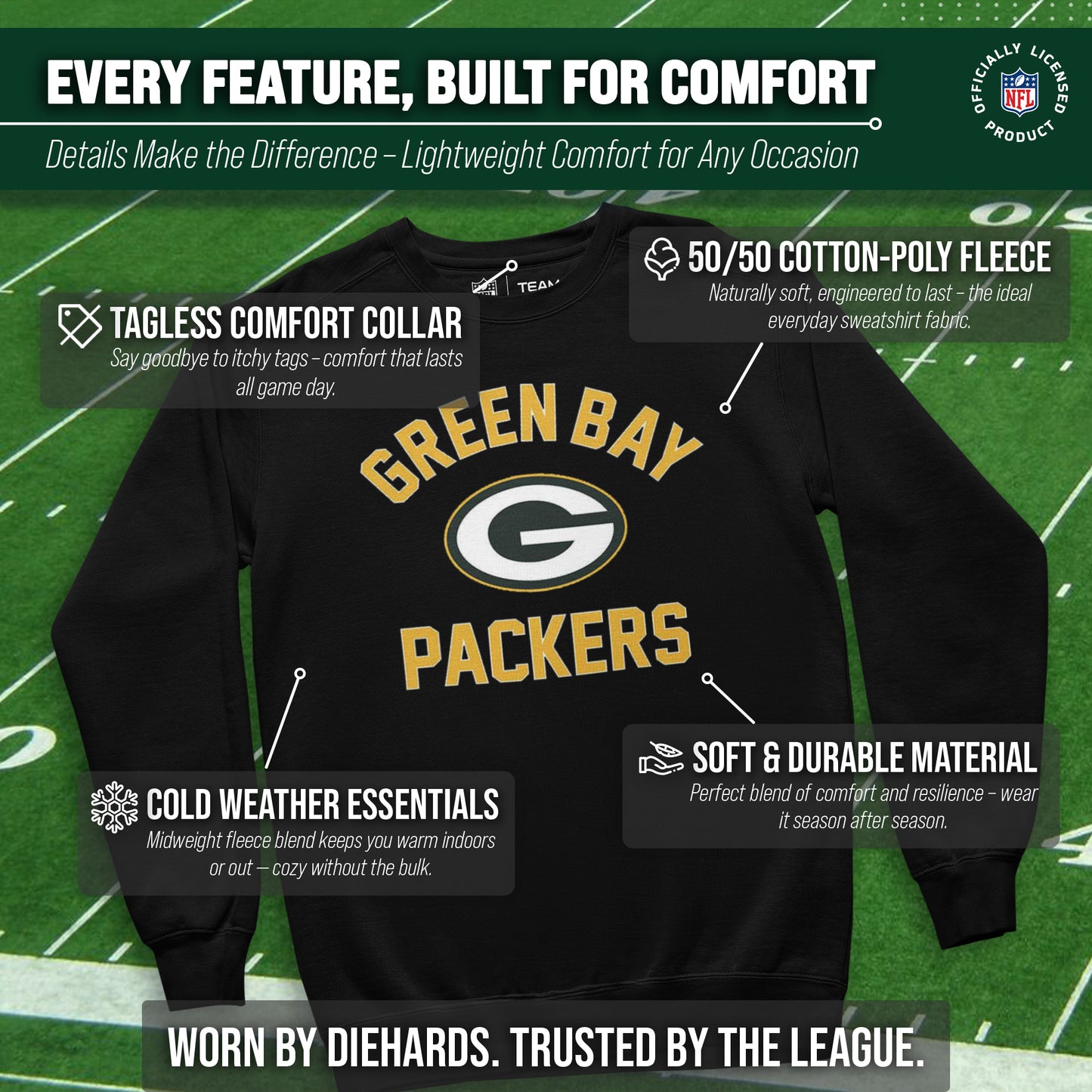 Green Bay Packers NFL Adult Gameday Football Crewneck Sweatshirt - Black