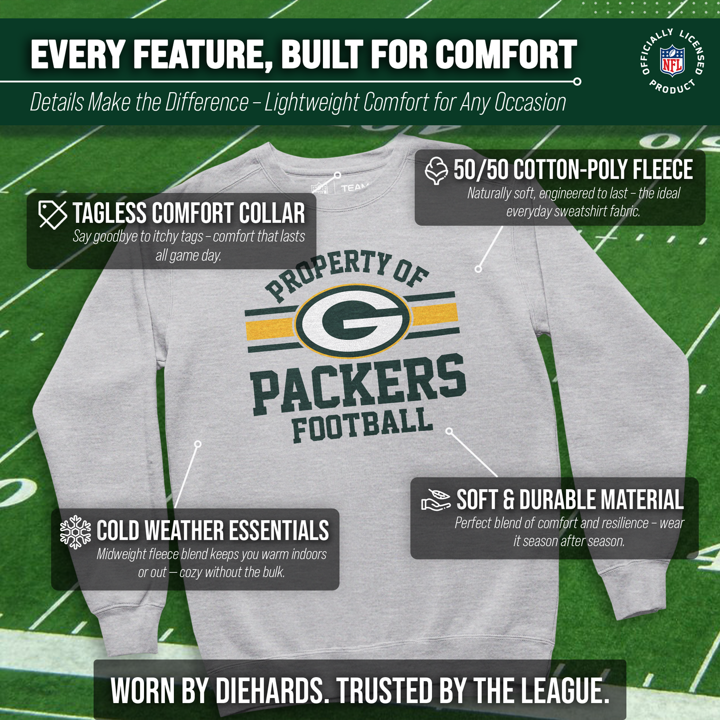 Green Bay Packers NFL Adult Property Of Crewneck Fleece Sweatshirt - Sport Gray
