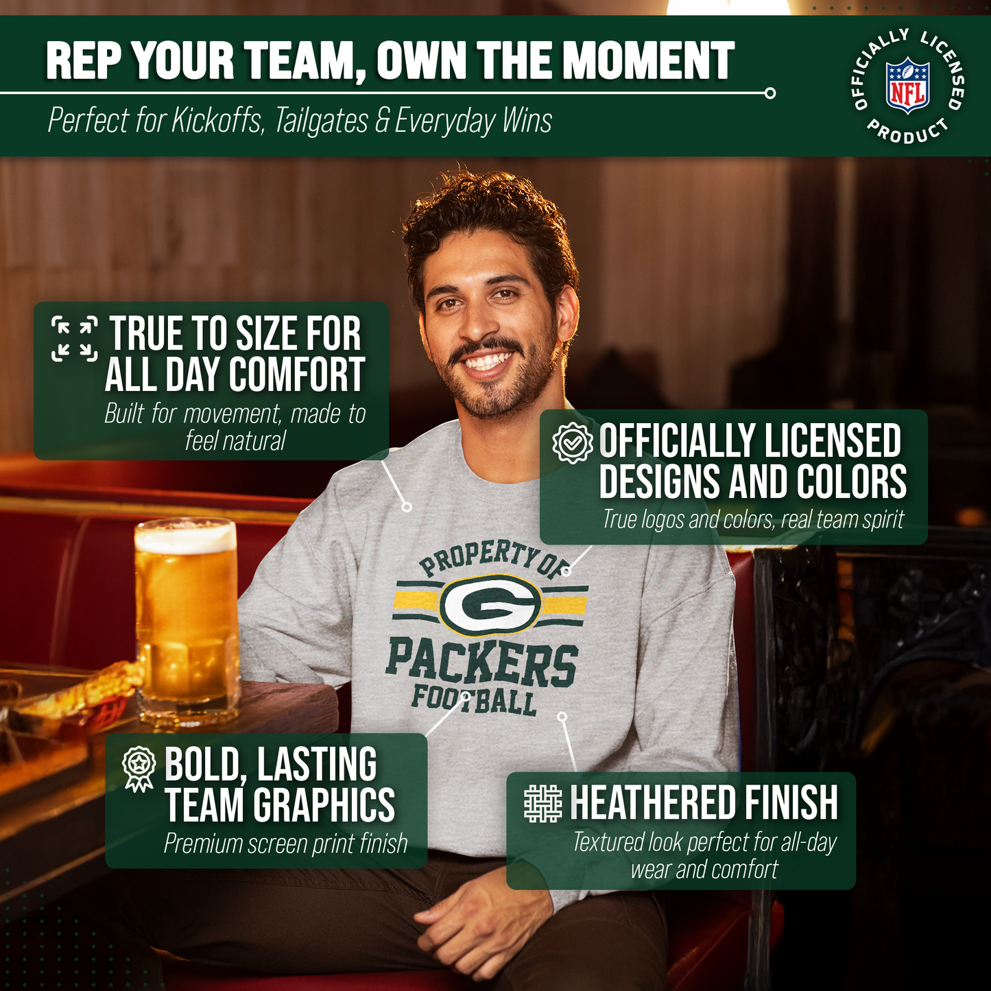 Green Bay Packers NFL Adult Property Of Crewneck Fleece Sweatshirt - Sport Gray