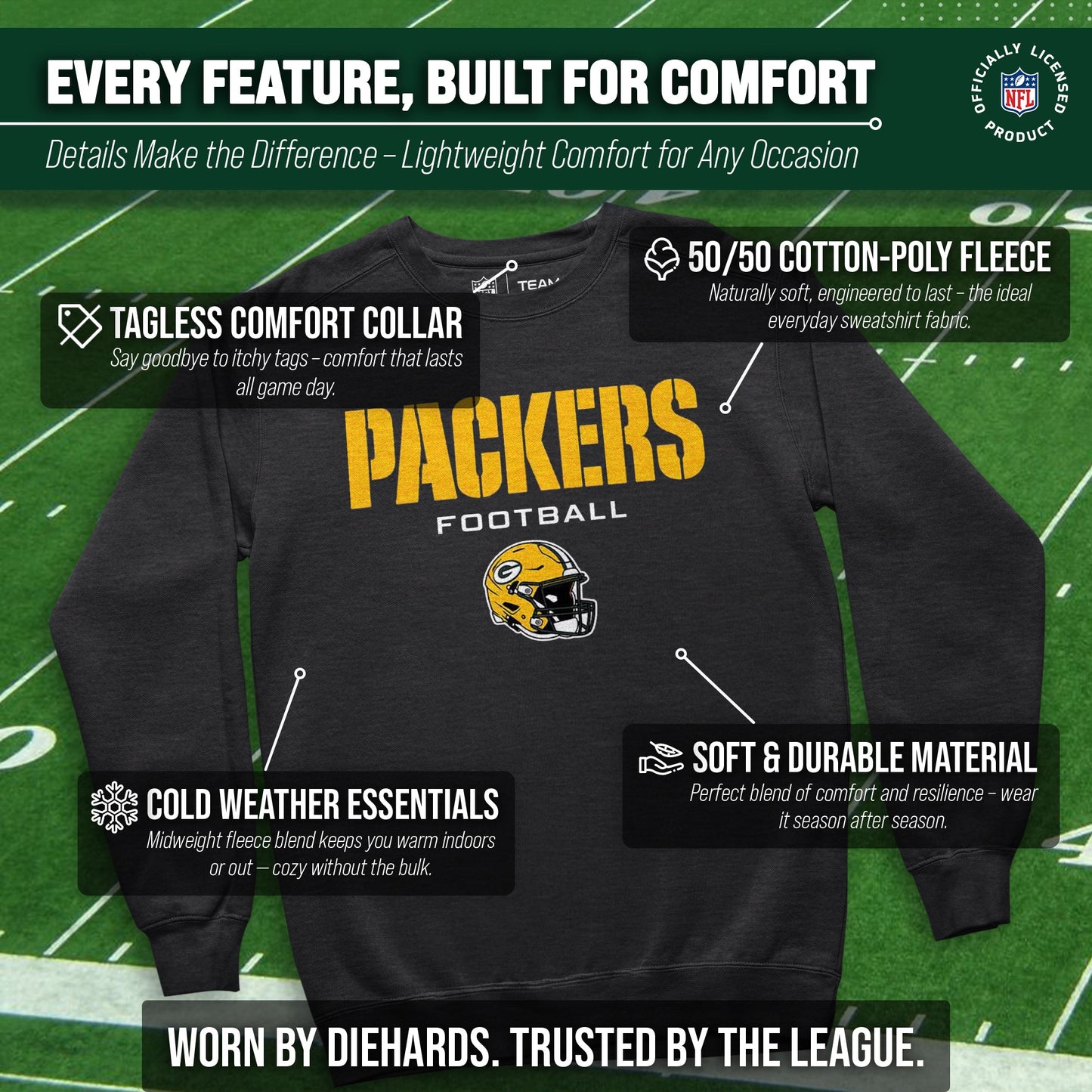 Green Bay Packers Adult NFL Football Helmet Heather Crewneck Sweatshirt - Charcoal