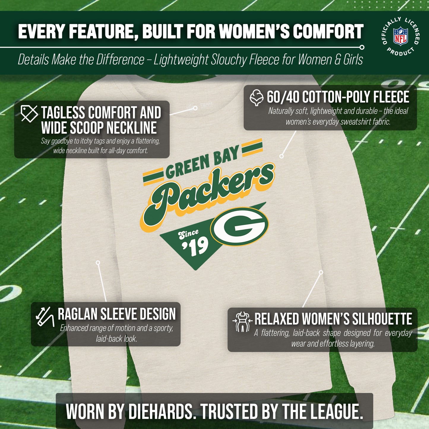 Green Bay Packers NFL Womens Vintage Charm French Terry Slouchy Top - Birch