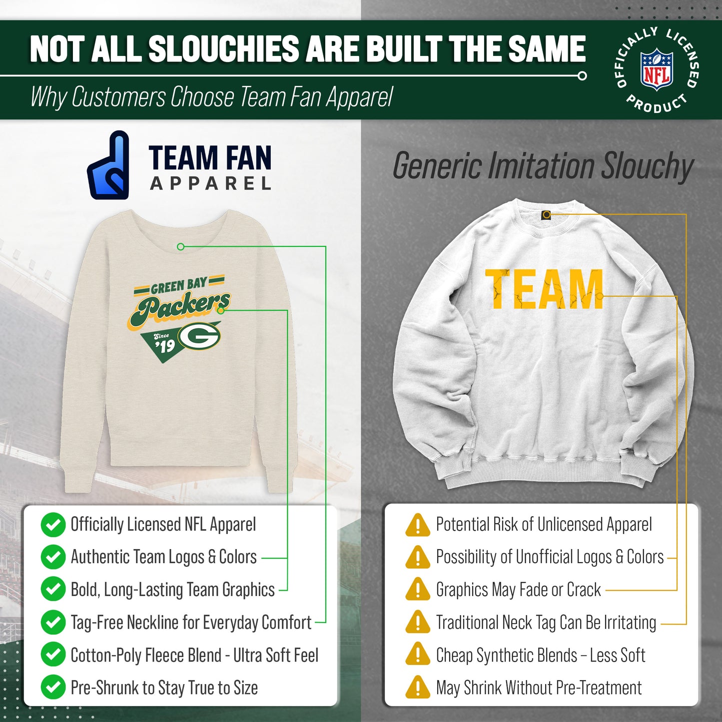 Green Bay Packers NFL Womens Vintage Charm French Terry Slouchy Top - Birch