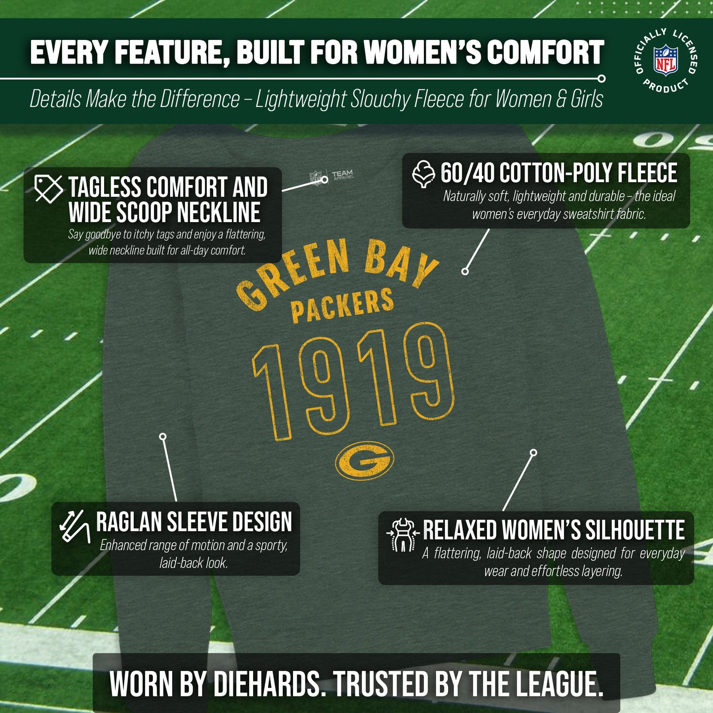 Green Bay Packers NFL Womens Big Date French Terry Slouchy Top - Forest Green Heather