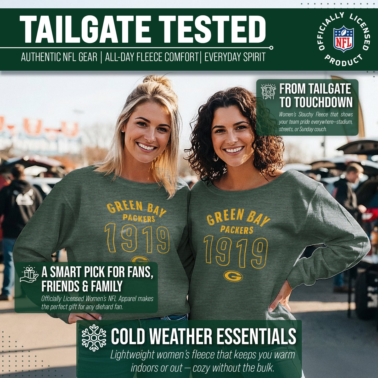 Green Bay Packers NFL Womens Big Date French Terry Slouchy Top - Forest Green Heather