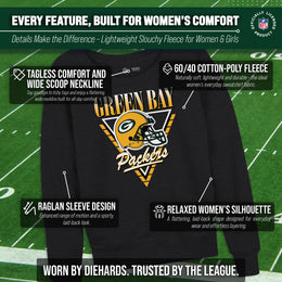 Green Bay Packers NFL Womens Retro Triangle French Terry Slouchy Top- Raglan Sleeves - Heather Charcoal