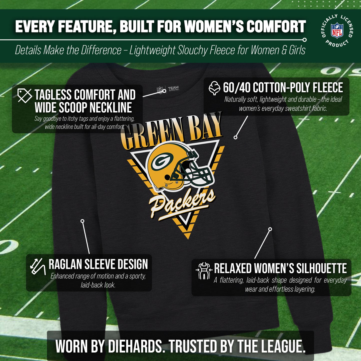 Green Bay Packers NFL Womens Retro Triangle French Terry Slouchy Top- Raglan Sleeves - Heather Charcoal