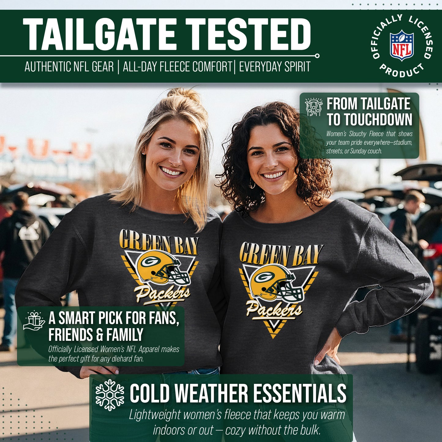 Green Bay Packers NFL Womens Retro Triangle French Terry Slouchy Top- Raglan Sleeves - Heather Charcoal