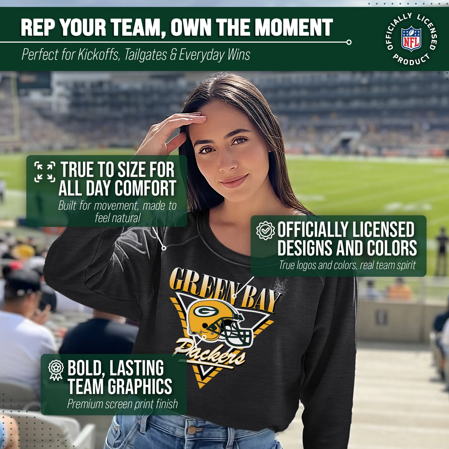 Green Bay Packers NFL Womens Retro Triangle French Terry Slouchy Top- Raglan Sleeves - Heather Charcoal