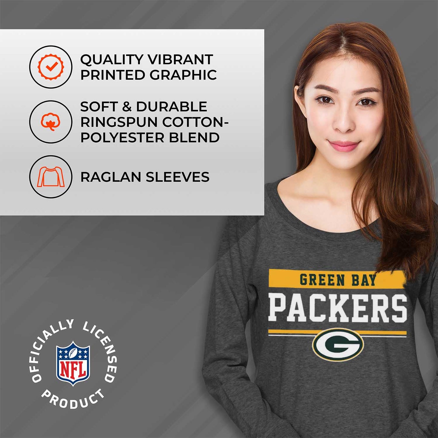 Green Bay Packers NFL Womens Team Block French Terry Slouchy Top - Charcoal
