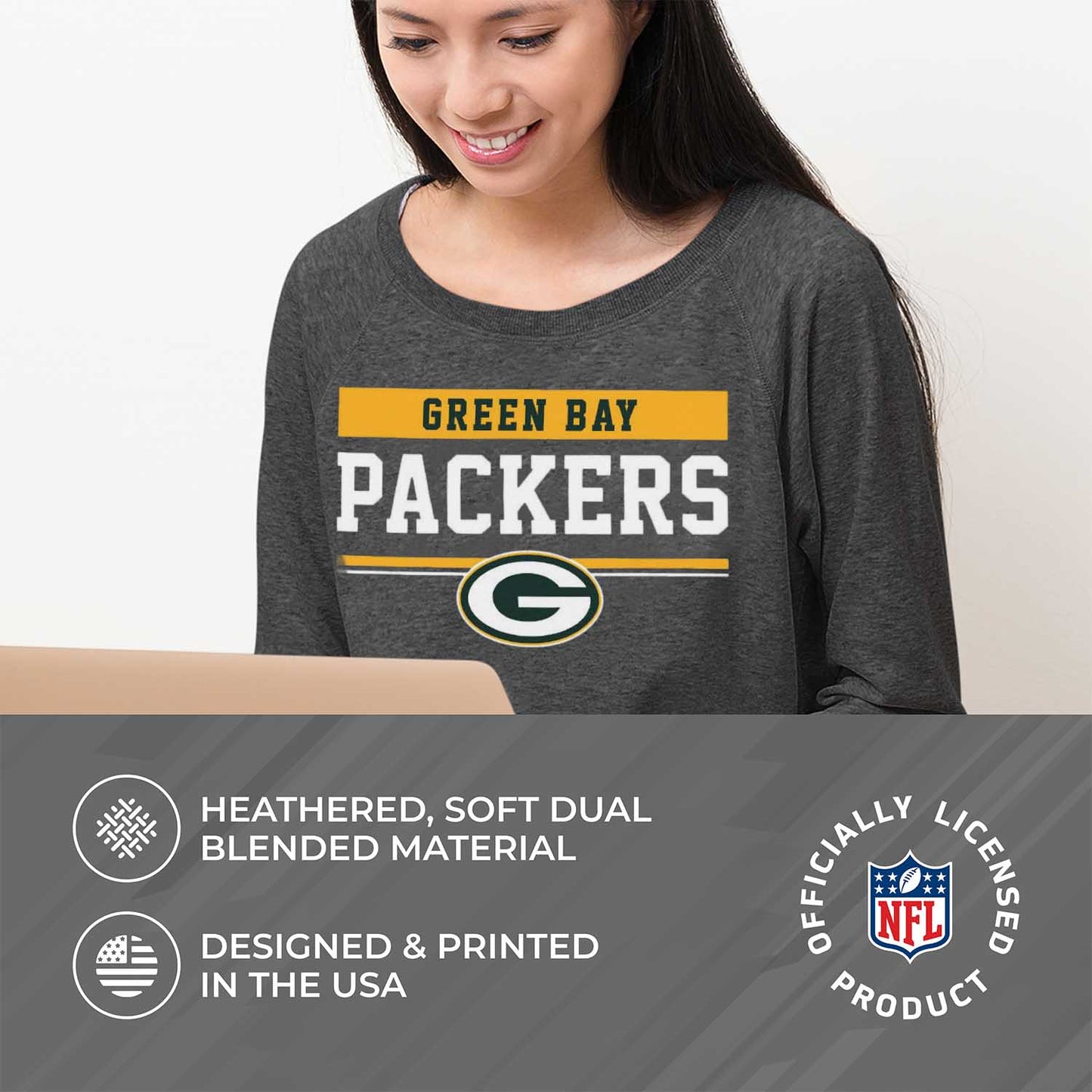 Green Bay Packers NFL Womens Team Block French Terry Slouchy Top - Charcoal