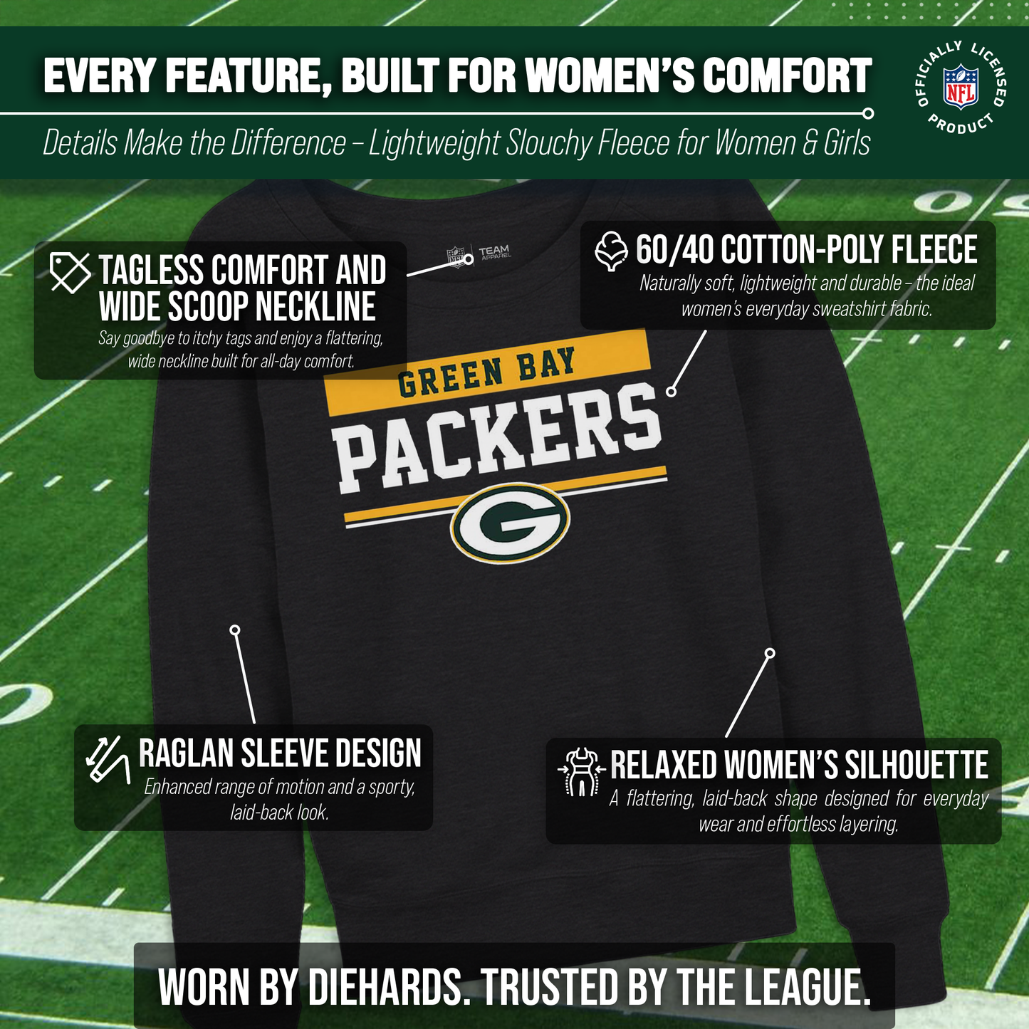 Green Bay Packers NFL Womens Team Block French Terry Slouchy Top - Charcoal