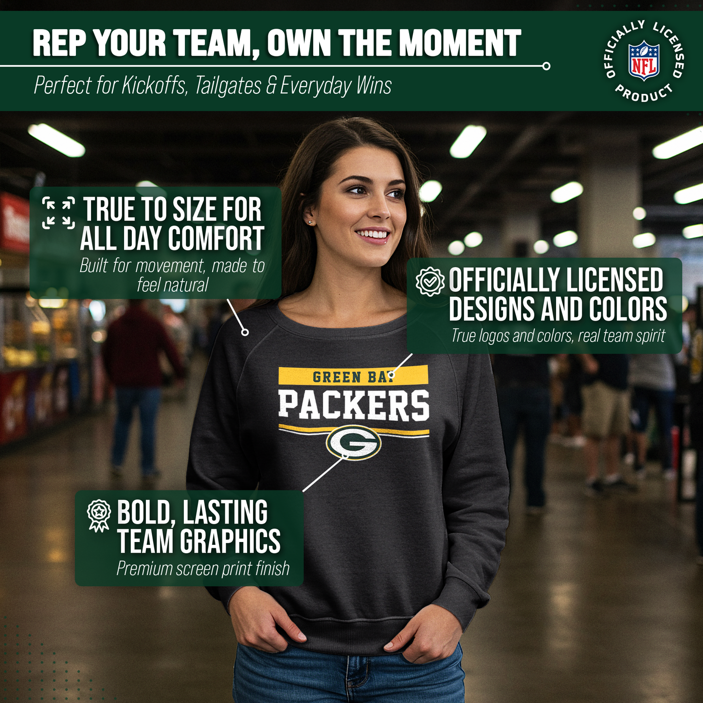 Green Bay Packers NFL Womens Team Block French Terry Slouchy Top - Charcoal