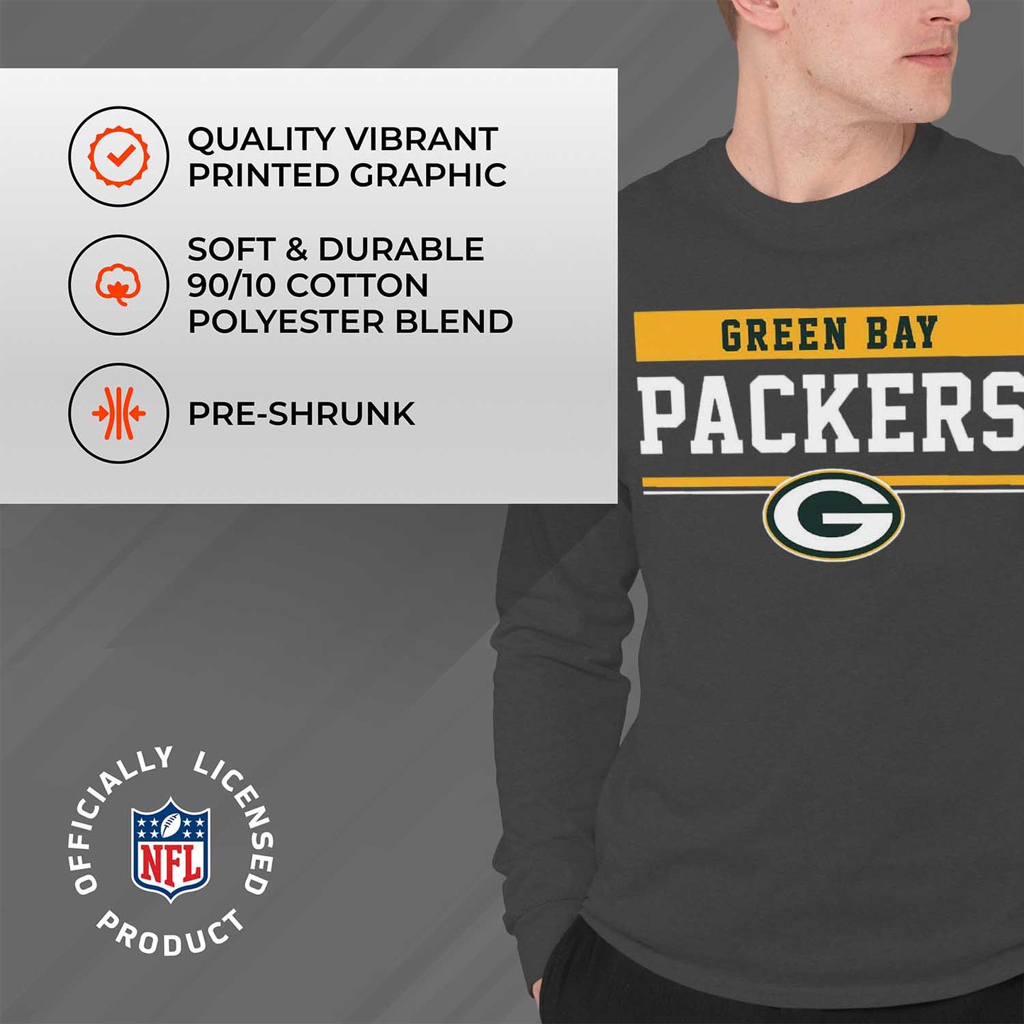 Green Bay Packers NFL Adult Charcoal Long Sleeve T Shirt - Charcoal