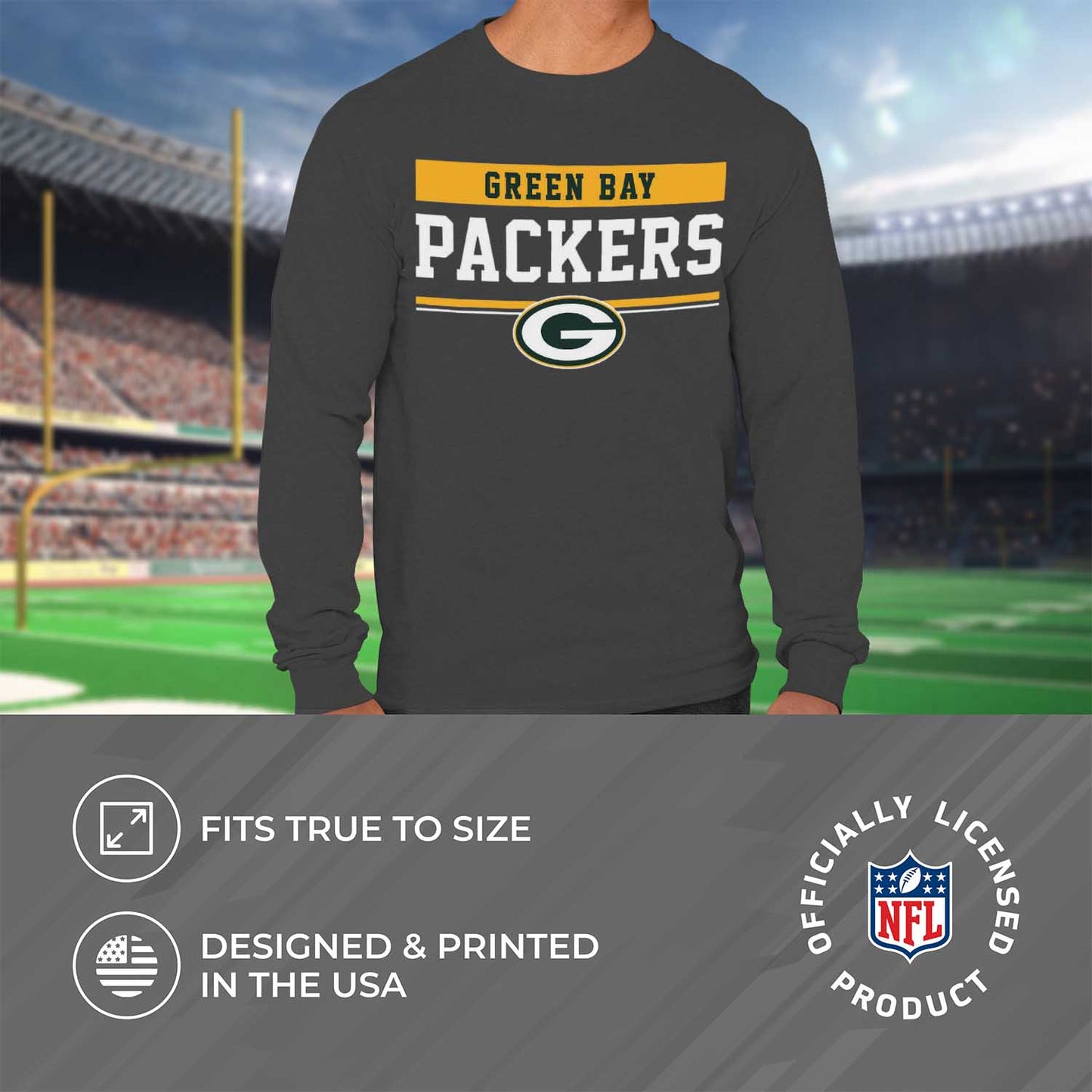 Green Bay Packers NFL Adult Charcoal Long Sleeve T Shirt - Charcoal