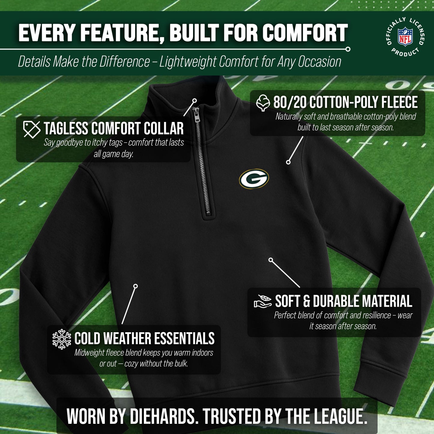 Green Bay Packers NFL Adult Unisex Team Logo Quarter Zip Pullover Sweatshirt - Black