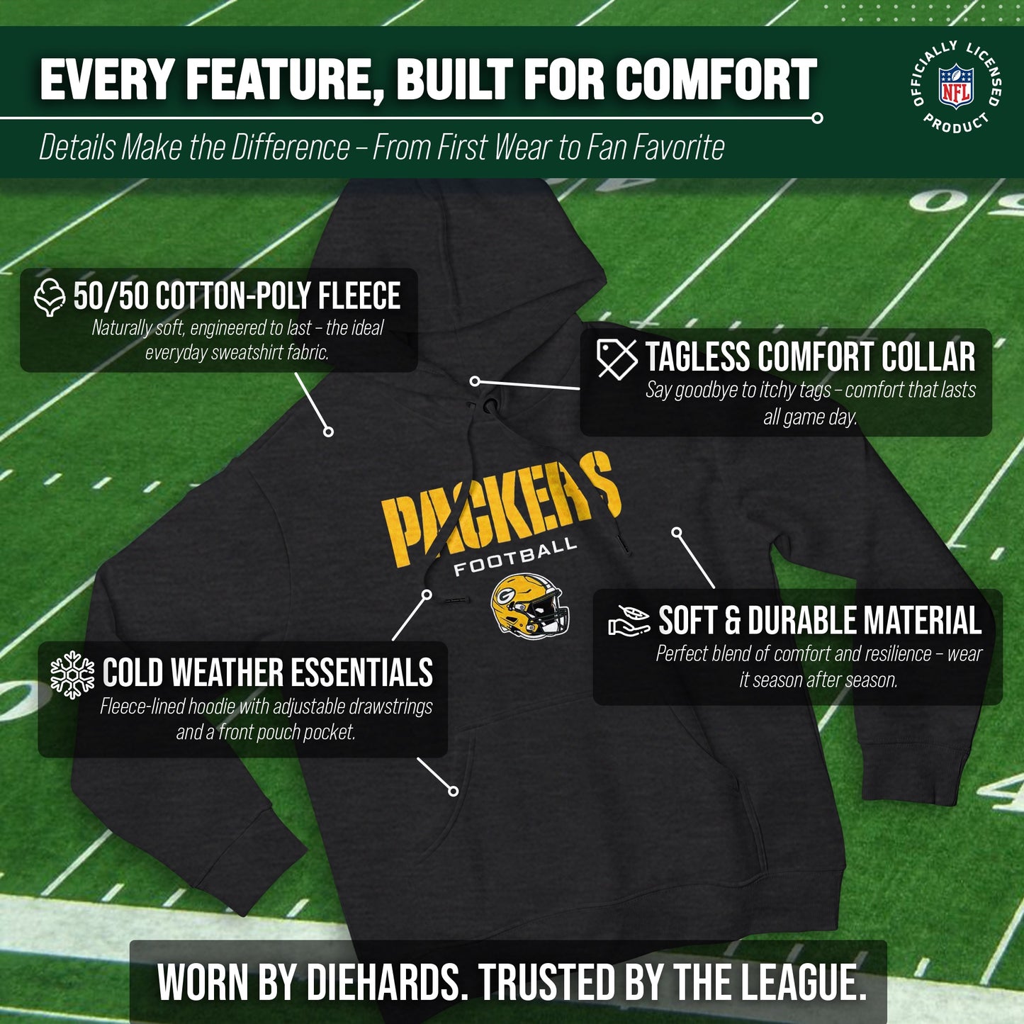 Green Bay Packers Adult NFL Football Helmet Heather Hooded Sweatshirt  - Charcoal