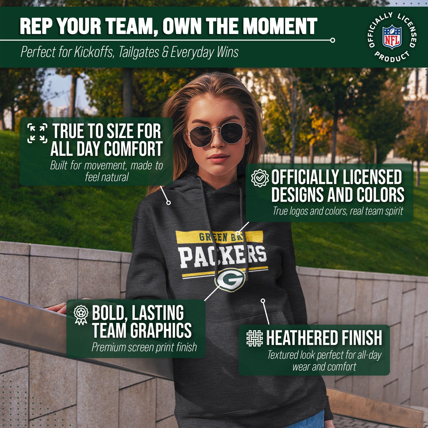 Green Bay Packers NFL Adult Gameday Charcoal Hooded Sweatshirt - Charcoal