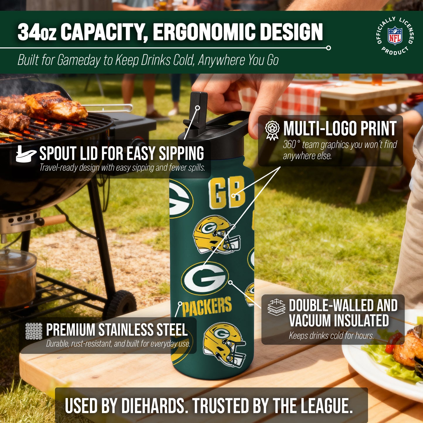 Green Bay Packers NFL 34oz Quencher Stainless Steel Insulated Water Bottle - Hunter Green