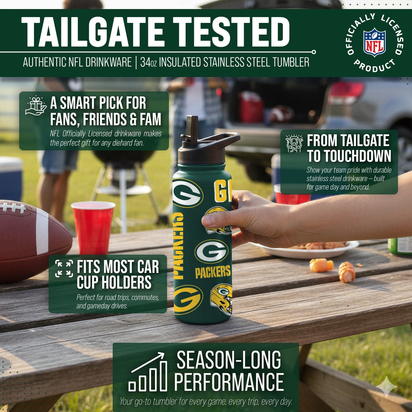 Green Bay Packers NFL 34oz Quencher Stainless Steel Insulated Water Bottle - Hunter Green
