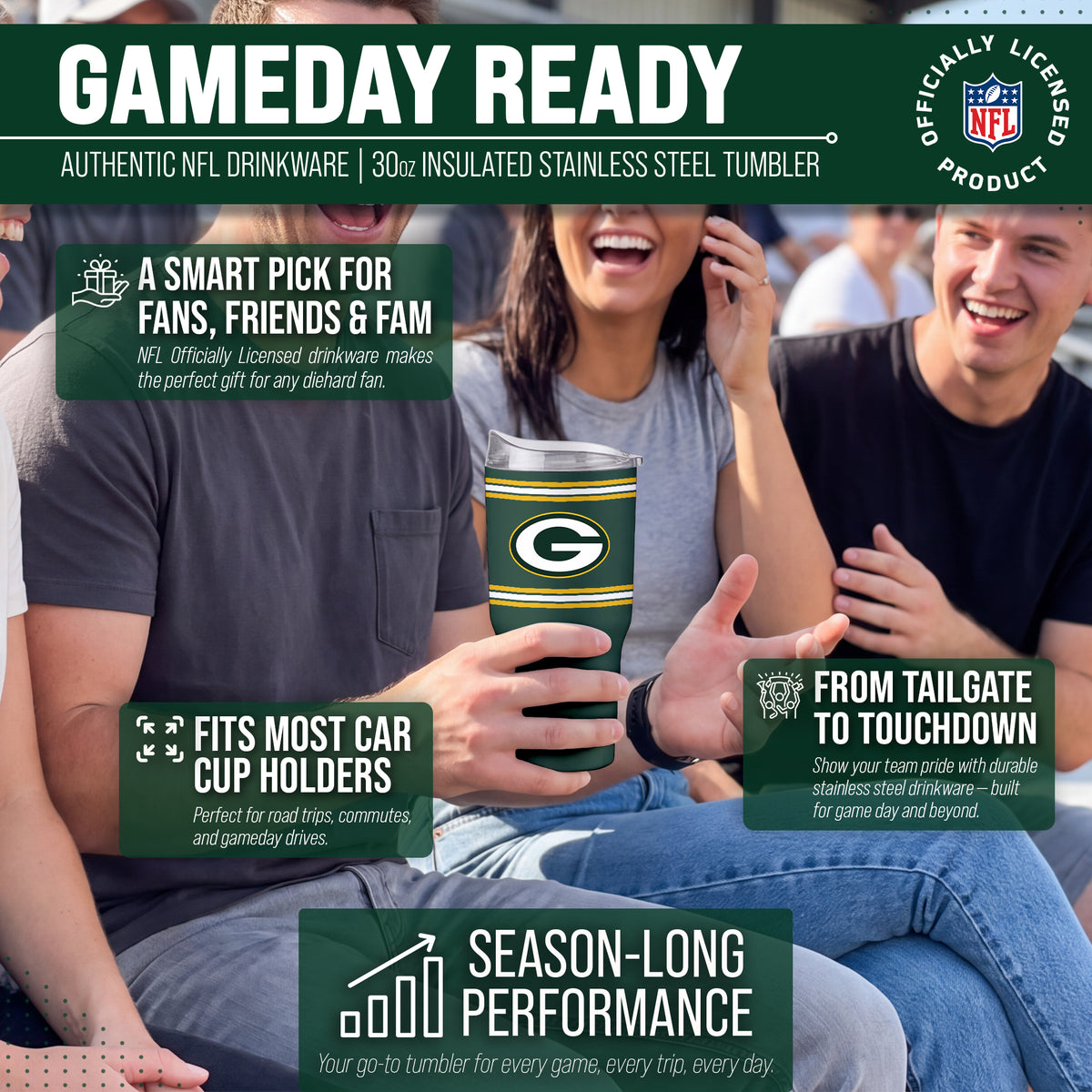Green Bay Packers  30 oz Stripe Powder Coat Tumbler | NFL Stainless - Hunter Green