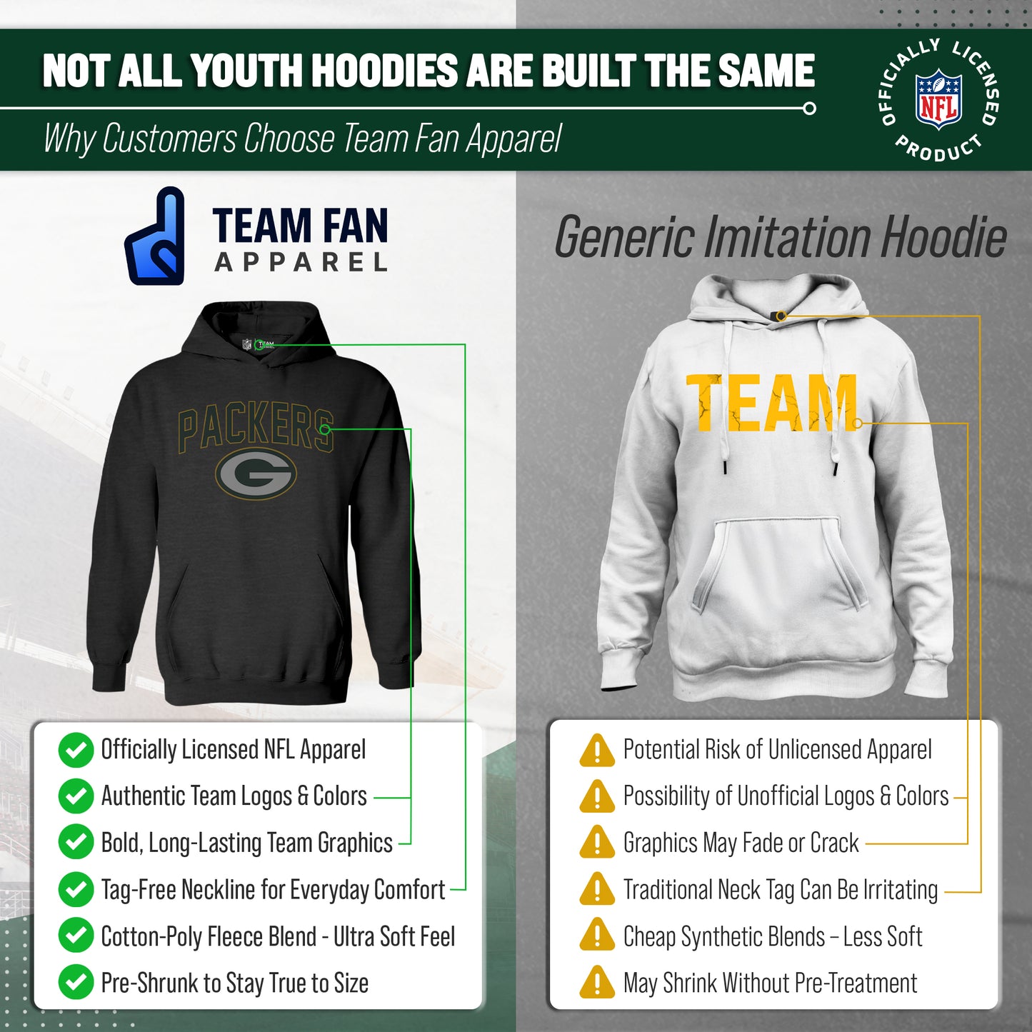 Green Bay Packers NFL Youth Home Team Hoodie- Kids Hooded Sweatshirt - Black