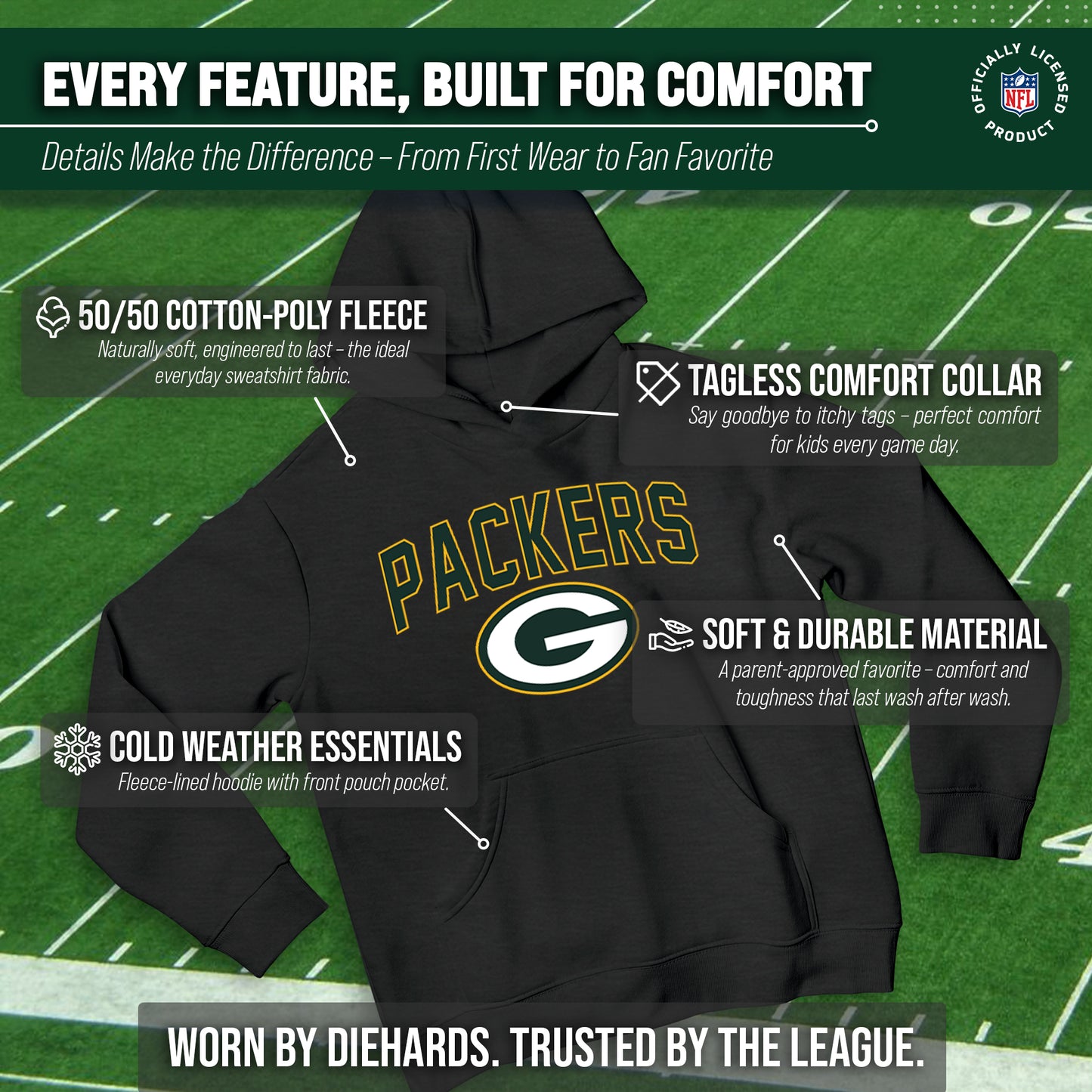 Green Bay Packers NFL Youth Home Team Hoodie- Kids Hooded Sweatshirt - Black