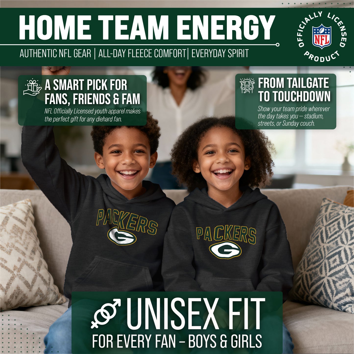 Green Bay Packers NFL Youth Home Team Hoodie- Kids Hooded Sweatshirt - Black