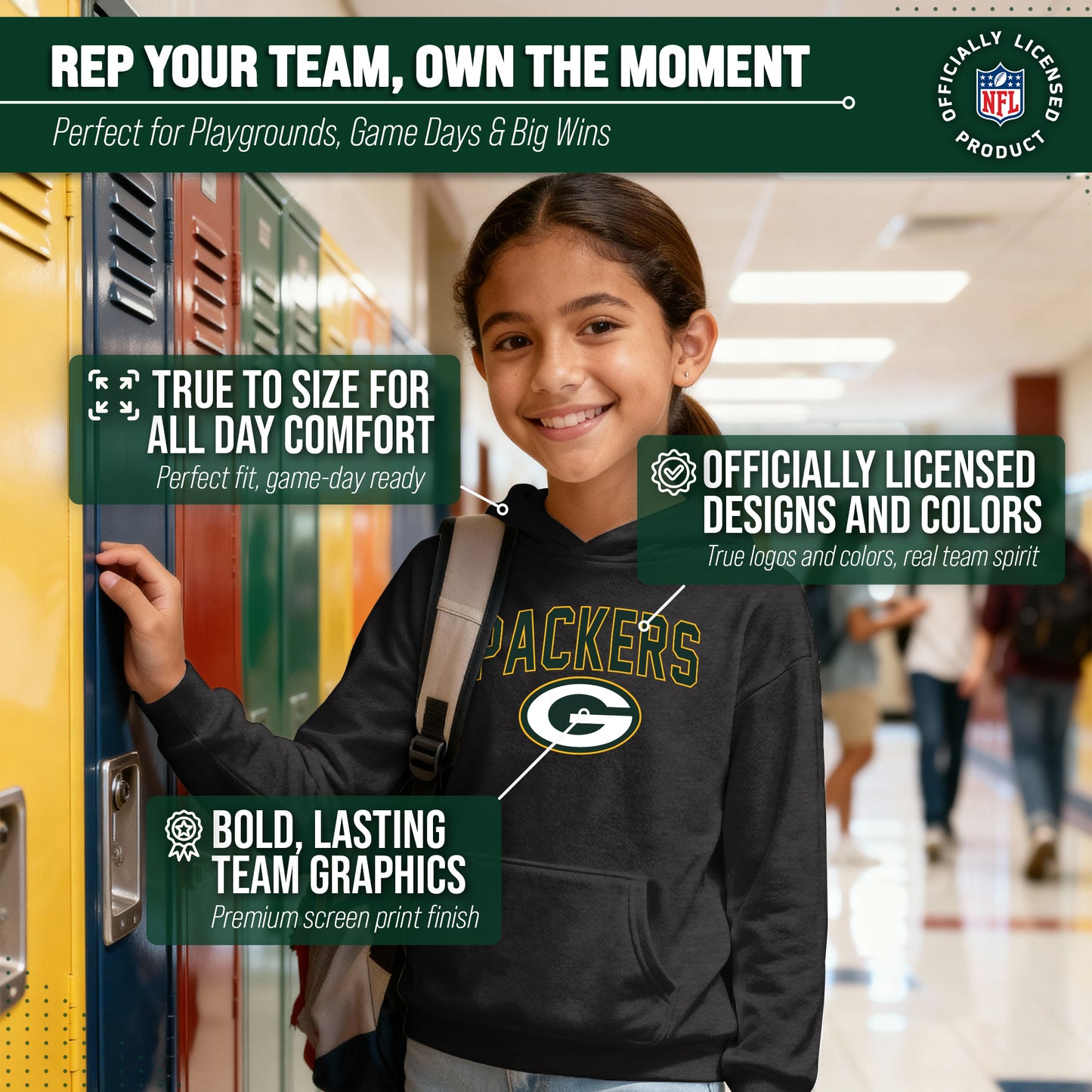 Green Bay Packers NFL Youth Home Team Hoodie- Kids Hooded Sweatshirt - Black