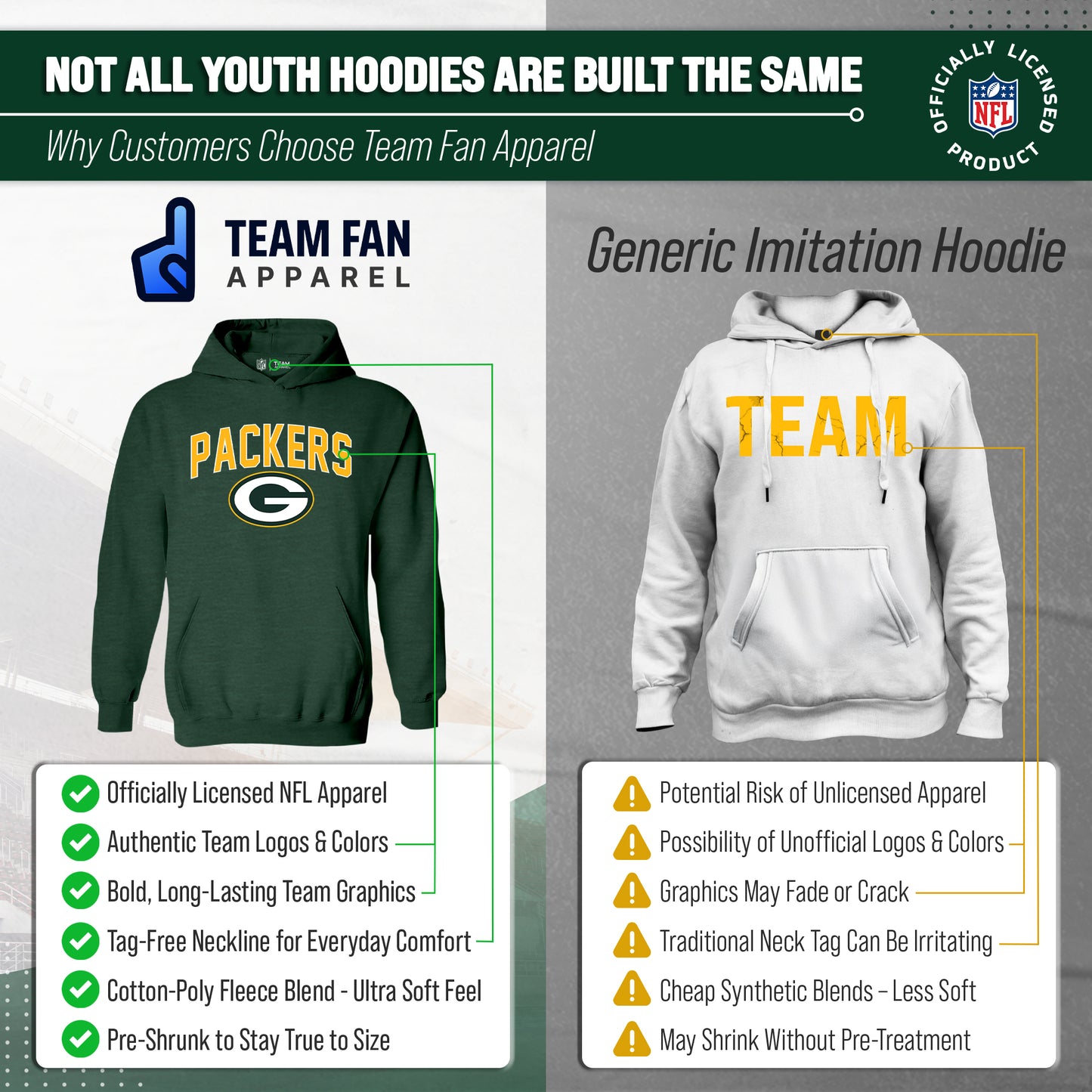 Green Bay Packers NFL Youth Home Team Hoodie- Kids Hooded Sweatshirt - Green