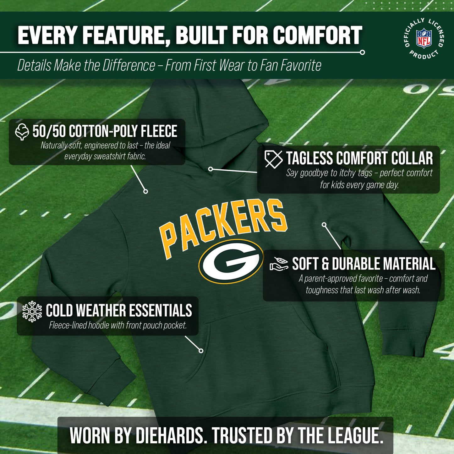 Green Bay Packers NFL Youth Home Team Hoodie- Kids Hooded Sweatshirt - Green