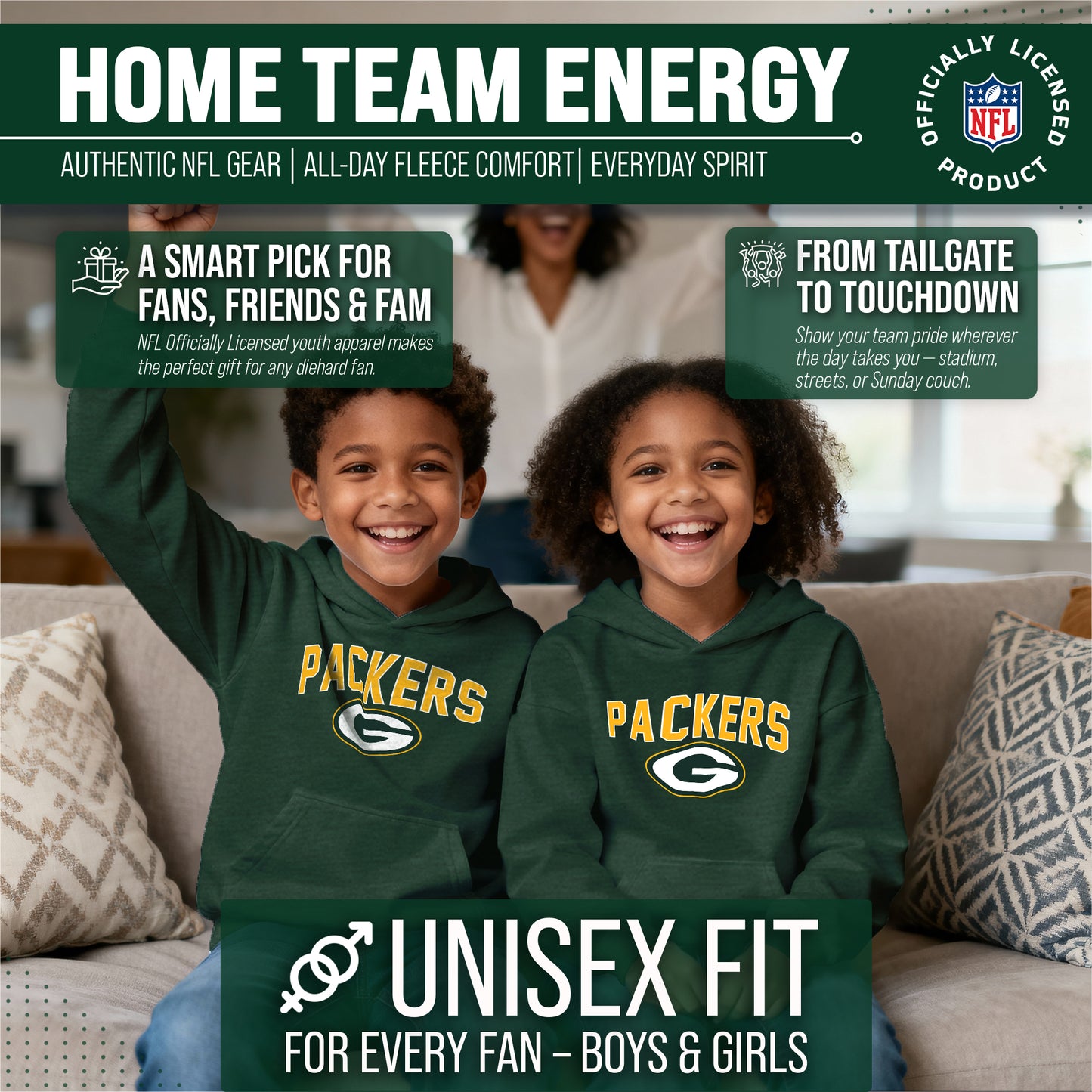Green Bay Packers NFL Youth Home Team Hoodie- Kids Hooded Sweatshirt - Green