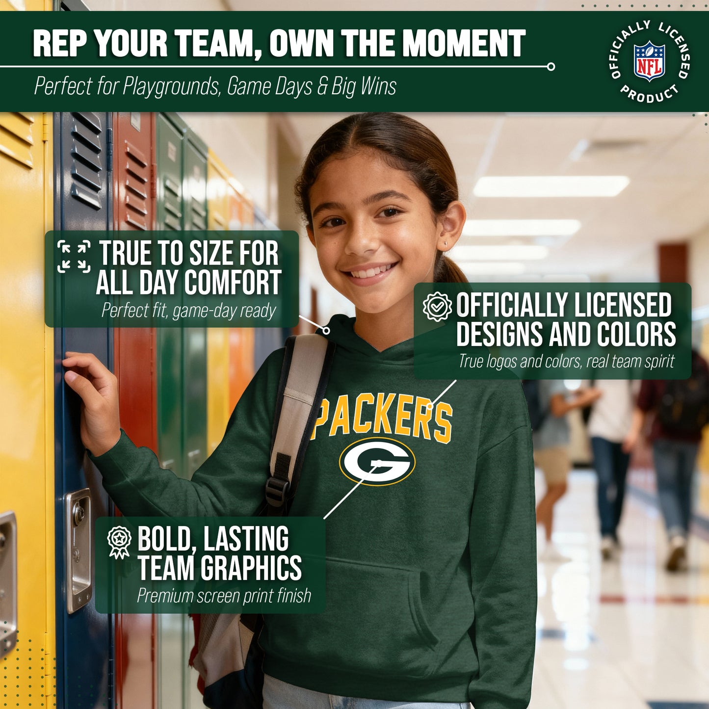 Green Bay Packers NFL Youth Home Team Hoodie- Kids Hooded Sweatshirt - Green