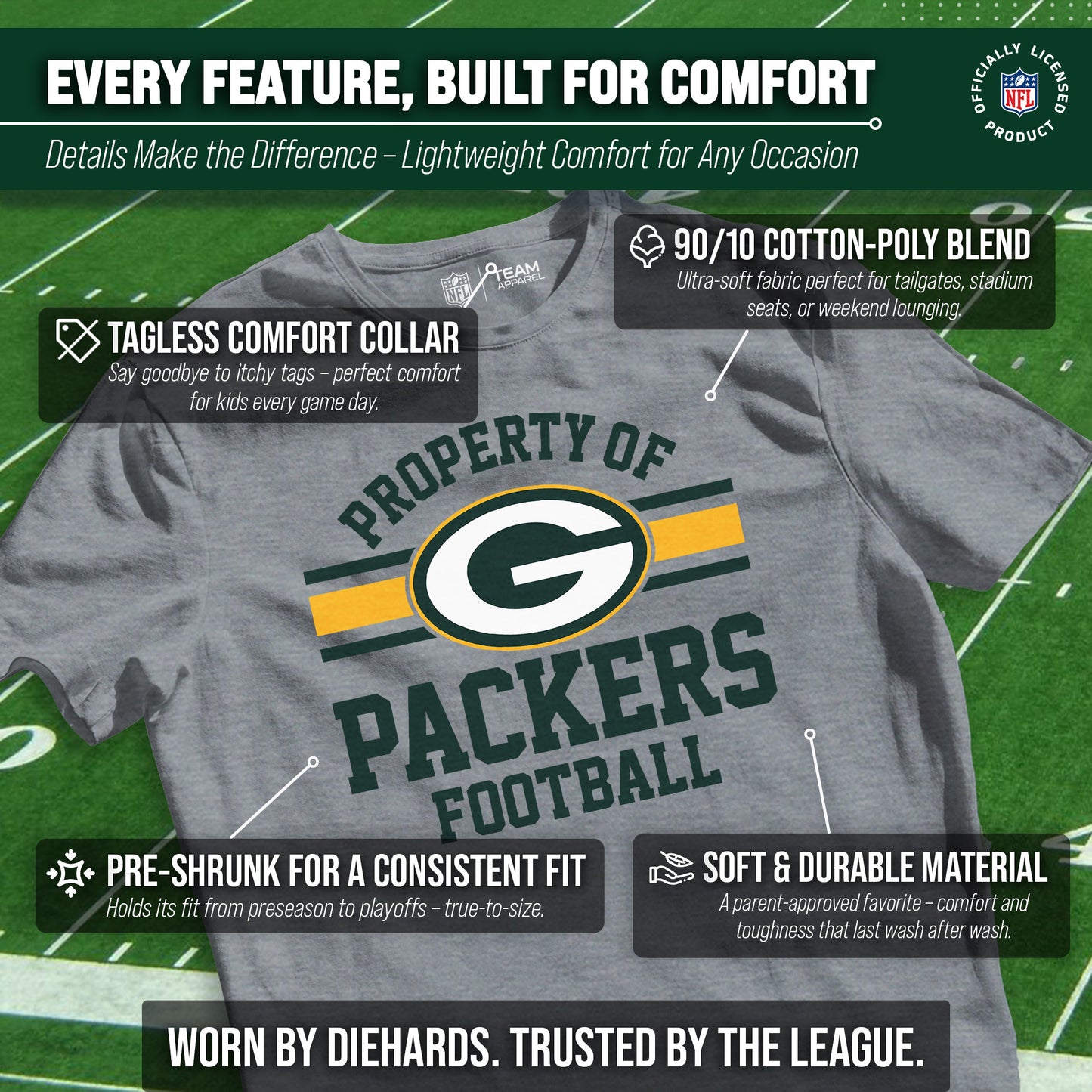 Green Bay Packers NFL Youth Property Of Short Sleeve Lightweight T Shirt - Sport Gray